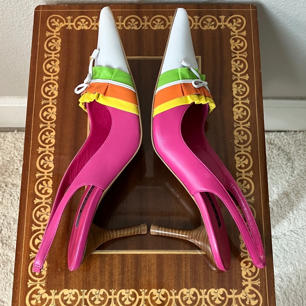 New 38 Escada Shoes Pink White Yellow Orange Green - Picture 5 of 9